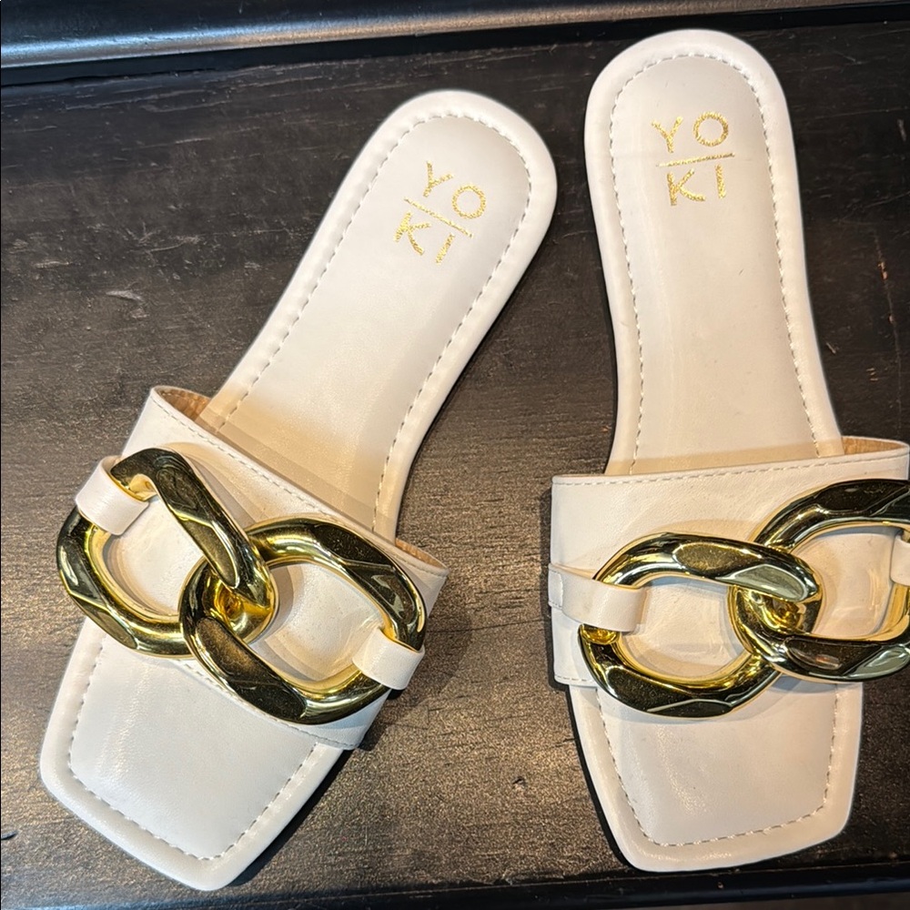 Yoki Cream Sandals with Gold Chain Accent